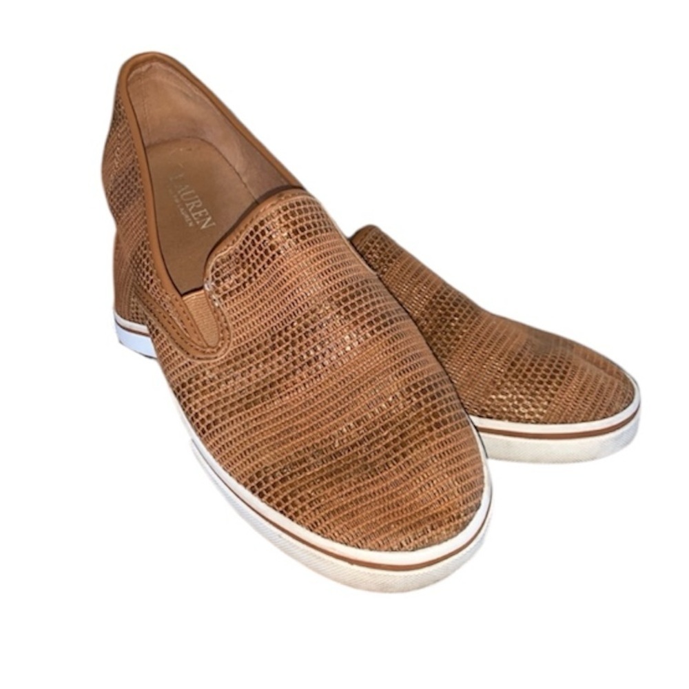 Lauren Ralph Lauren loafers, women's 9, woven faux leather camel brown euc